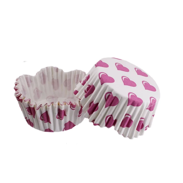 Cupcake Kalıbı Pet Kapsül Dalgalı Kek Kalıbı 65X38 MM (100 Adet)  Beyaza Fuşya Kalpli ürün görseli 1