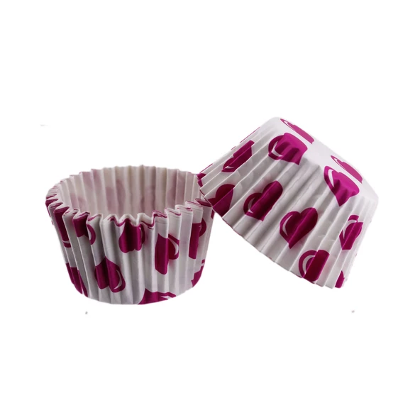 Cupcake Kalıbı Pet Kapsül  Kek Kalıbı 48X34 MM (100 Adet)  Beyaza Fuşya Kalpli ürün görseli 1