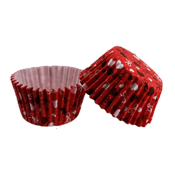 Cupcake Kalıbı Pet Kapsül  Kek Kalıbı 48X34 MM (100 Adet)  Kırmızı Üzeri Fiyonk Ve Kalp Desenli ürün görseli 1