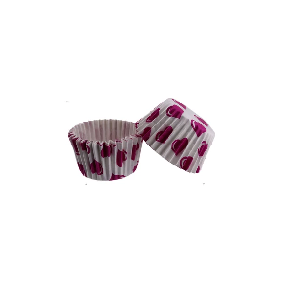 Kek Kalıbı Pet Kapsül 52X45 MM Kağıt Cupcake Kağıdı (100 Adet)  Beyaza Fuşya Kalpli ürün görseli 1