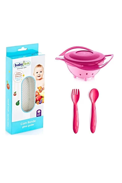 Babyjem Cam Rende + Dökülmeyen Tabak Pembe + Mama Kaşık Çatal Takımı Kırmızı ürün görseli 1