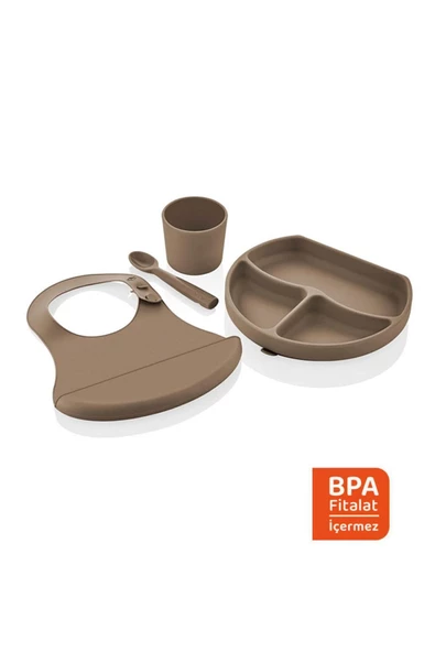 Babyjem Silikon Beslenme Seti Latte - Bpa Içermeyen Silikon Önlük & Tabak & Bardak & Kaşık ürün görseli 1