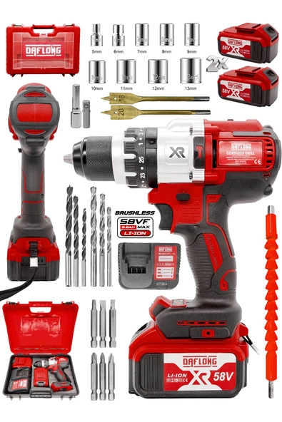 DAFLONG Brushless 58 v 5ah Çelik Şanzıman 10 Pilli Çift Akülü Darbeli Şarjlı Matkap Vidalama-KIRMIZI ürün görseli 1