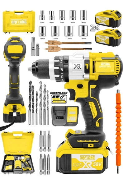 DAFLONG Brushless 58 v 5ah Çelik Şanzıman 10 Pilli Çift Akülü Darbeli Şarjlı Matkap Vidalama-SARI ürün görseli 1