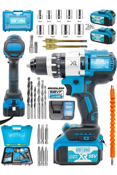 DAFLONG Brushless 58 v 5ah Çelik Şanzıman 10 Pilli Çift Akülü Darbeli Şarjlı Matkap Vidalama-MAVI ürün görseli 1