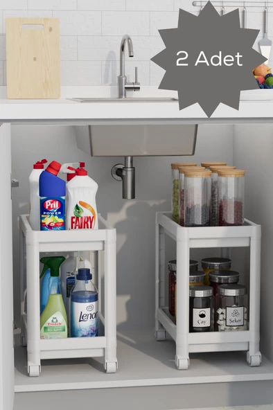 Mithra Life 2 Adet 2 Katlı Tekerlekli Tezgah Altı Beyaz Banyo Mutfak Rafı MIT1120 ürün görseli 1