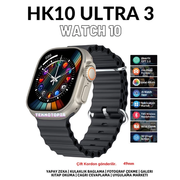 Watch 10 Series HK10 Ultra 3 Amoled Ekran G-Sensör 2.02 Inç Yapay Zekalı Kulaklık Eşleştirmeli Akıllı Saat ürün görseli 1