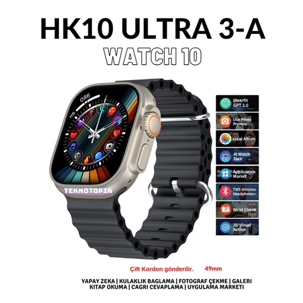 HK10 Ultra 3-A Amoled Ekran Watch 10 Serisi Akıllı Saat Yapay Zeka Bildirim Okuma Çağrı Cevaplama Tüm Modellerle Uyumlu ürün görseli 1