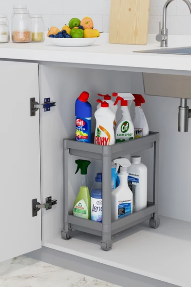 Mithra Life 2 Katlı Tekerlekli Tezgah Altı Gri Banyo Mutfak Rafı MIT1123 ürün görseli 1