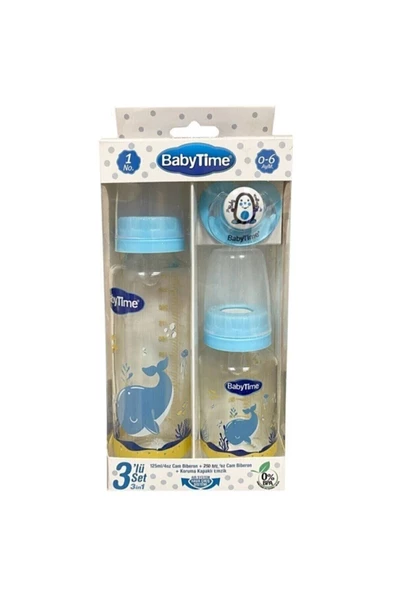 BABYTİME Baby Time Bt207 3lü Cam Biberon Seti 0-6 Ay - Mavi ürün görseli 1