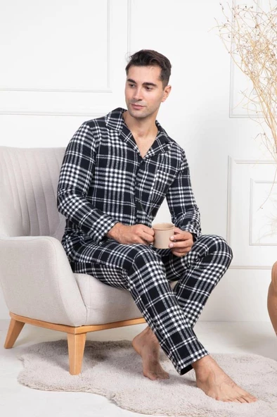 Mecit 2950 Erkek Beyaz Ekoseli Büyük Beden Kışlık Pijama Takımı ürün görseli 1