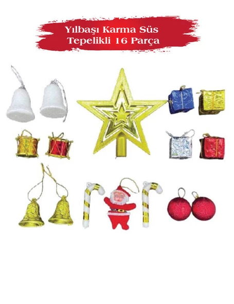 Yılbaşı Karma Süs Tepelikli 16 Parça ürün görseli 1