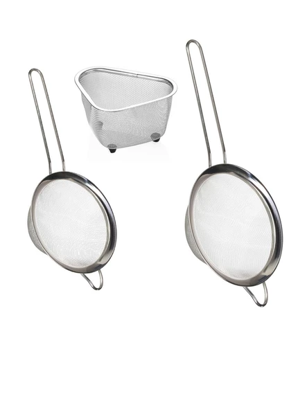 Fame Kitchen Paslanmaz Çelik 18cm ve 20cm Tek Saplı Yuvarlak Süzgeç ve Üçgen Lavabo Süzgeç Seti-3 Parça ürün görseli 1