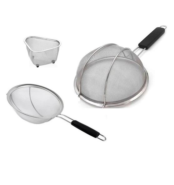 Fame Kitchen Paslanmaz Çelik 24cm ve 26cm Bariyerli Tek Saplı Yuvarlak Süzgeç ve Üçgen Lavabo Süzgeç Seti-3 Parça ürün görseli 1