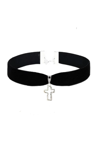Siyah Renk Kadife Kadın Haç Choker Tasma Kolye ürün görseli 1