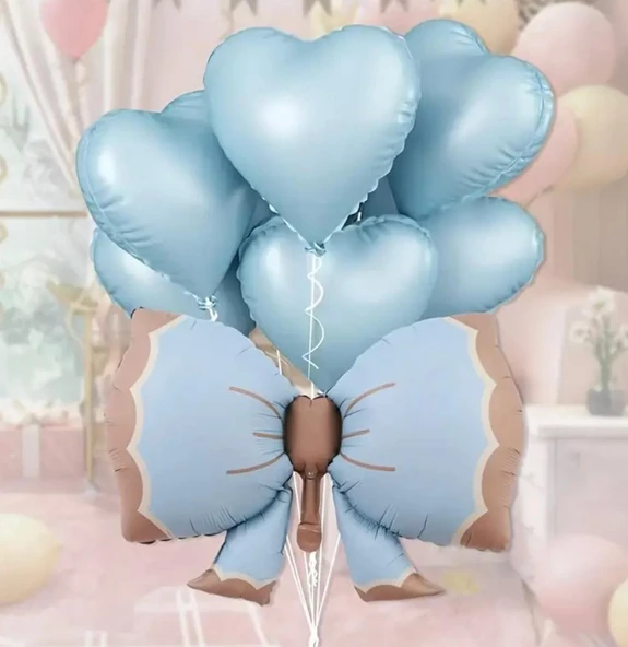 Retro Mavi  Fiyonk Kalp Folyo Balon Seti ürün görseli 1