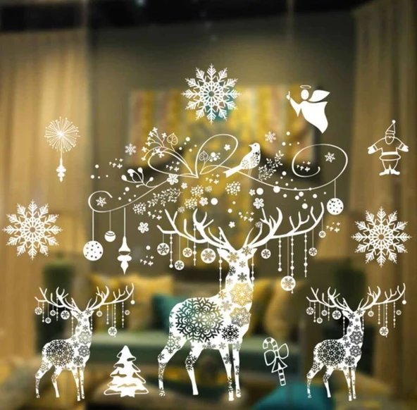 Yılbaşı Noel Sticker Beyaz 3 lü Geyik Figürlü 70x50 cm ürün görseli 1