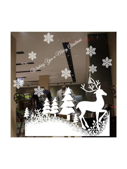 Yılbaşı Noel Sticker Beyaz Çam Ağaçlı Geyik Figürlü 70x50 cm ürün görseli 1