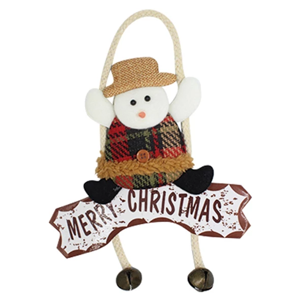 Yılbaşı Kapı Süsü Merry Christmas Kardan Adam Tekli Ekoseli Çanlı 22 Cm ürün görseli 1