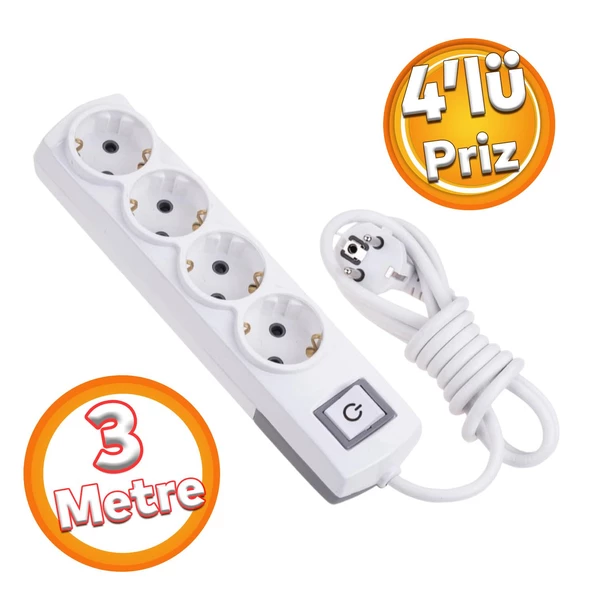 Kablolu 4'lü Topraklı Grup Priz Fiş Çoğaltıcı 3 Metre Çoklu Uzatma Kablosu Anahtarlı Kablolu ürün görseli 1