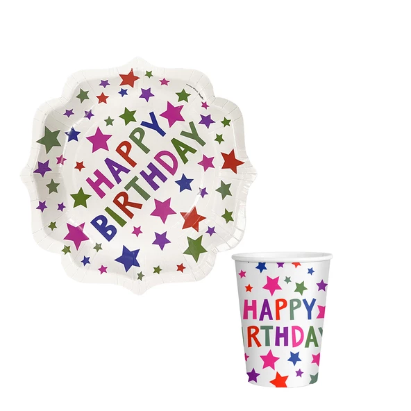 Yıldız Desenli Happy Bırthday Temalı Karton Tabak Bardak 8 li ürün görseli 1