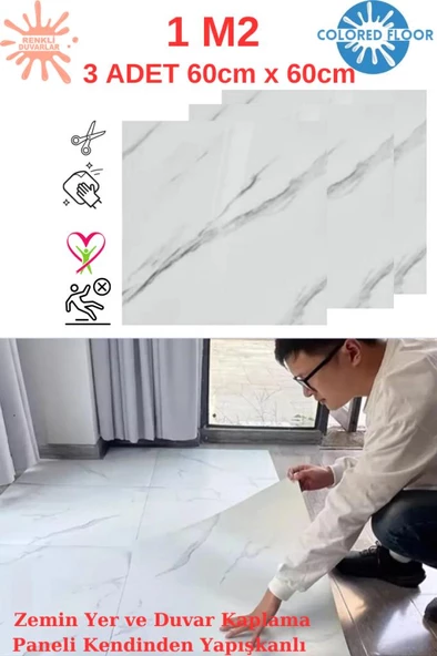 Renkli Duvarlar 1m2 3 Adet 60X60cm Floor Yapışkanlı Zemin ve Duvar Kaplama Paneli Arkası Kauçuklu Pvc WC Paneli 605 ürün görseli 1