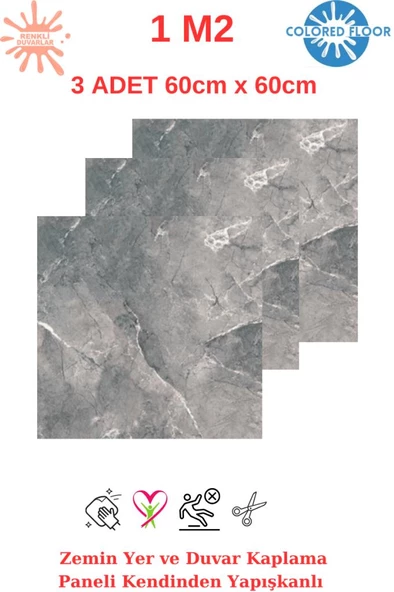 Renkli Duvarlar 1m2 3 Adet 60X60cm Floor Yapışkanlı Zemin ve Duvar Kaplama Paneli Arkası Kauçuklu Pvc WC Paneli 617 ürün görseli 1