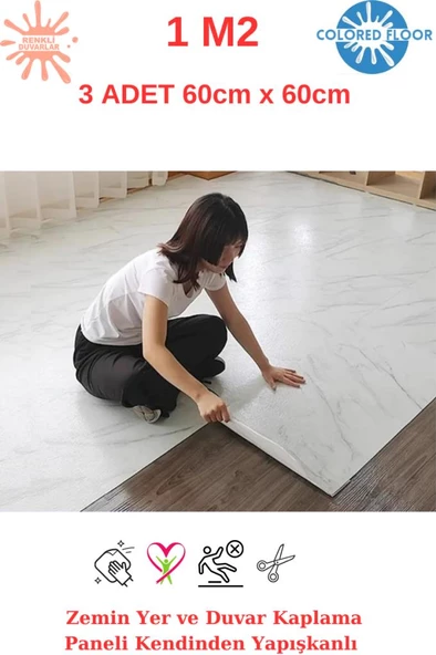 Renkli Duvarlar 1m2 3 Adet 60X60cm Floor Yapışkanlı Zemin ve Duvar Kaplama Paneli Arkası Kauçuklu Pvc WC Paneli 6216 ürün görseli 1