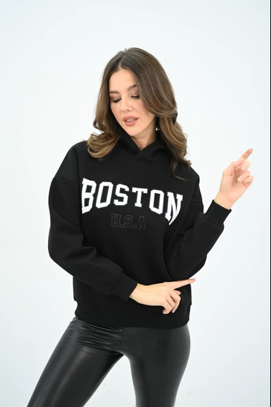 Kadın Kapüşonlu Baskılı Sweatshirt 1627-25 - Resim 4