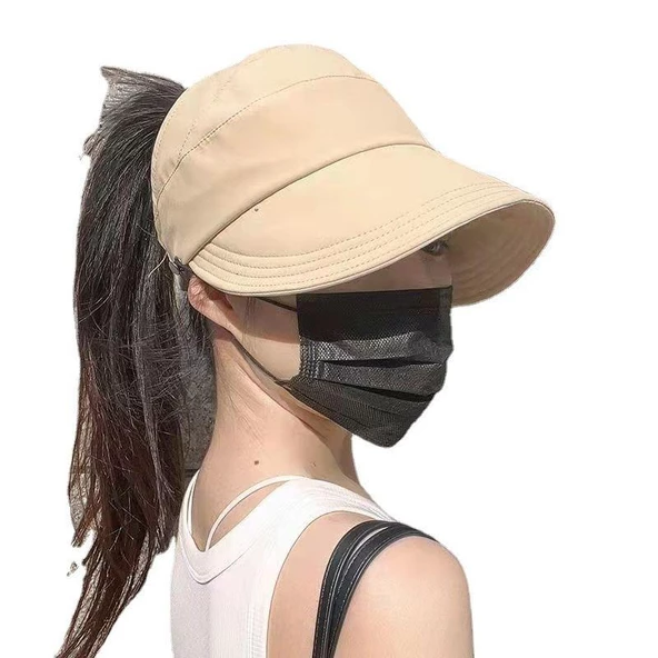 Valkyrie Geniş Vizör Güneş Koruyucu Kadın Şapka Maske Takma Düğmeli Tenis Spor Şapka Krem ürün görseli 1
