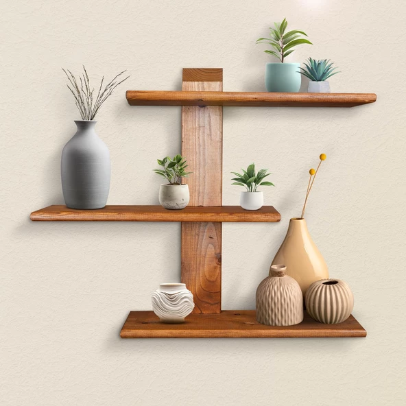 Dekoratif Ahşap 3 Raflı Duvar Rafı Kitaplık Çiçeklik Biblo Baharatlık Rafı 60x48x18 Cm ürün görseli 1