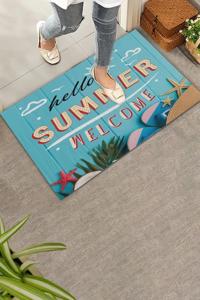 Valerine Life Hello Summer Merhaba Yaz Mavi Renkli Welcome Hoş Geldiniz Kapı Önü Paspası 45x70cm ürün görseli 1