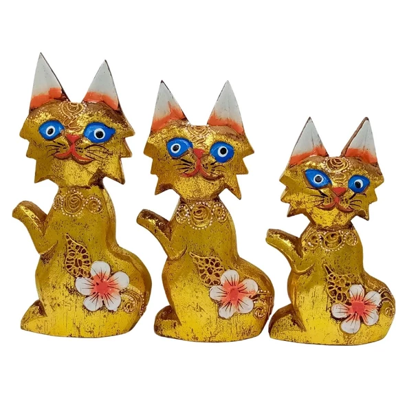 Ahşap Simli Üçlü Kedi Dekoratif Biblo No.2 17 cm ürün görseli 1
