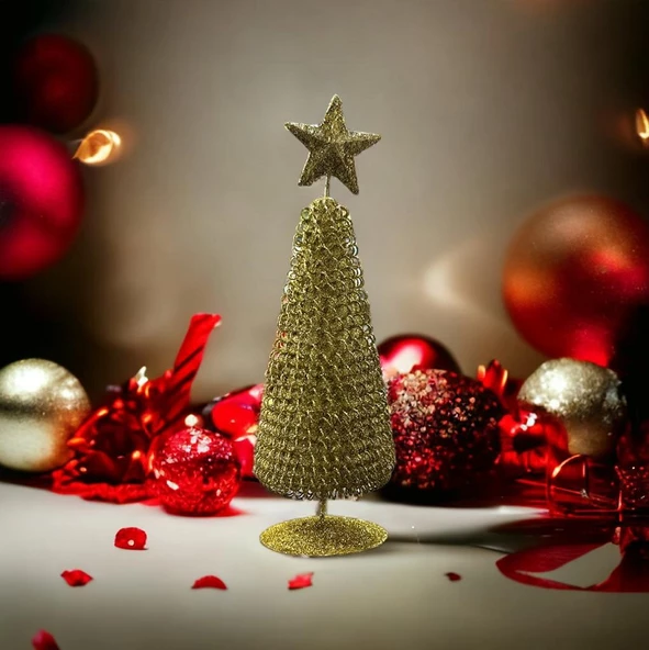 VIP DELUXE METAL YILBAŞI ÇAM AĞACI PARLAK SİMLİ GOLD NOEL AĞACI 21 CM ALTIN ÇAM AĞACI DEKOR ÇAM 21CM ürün görseli 1