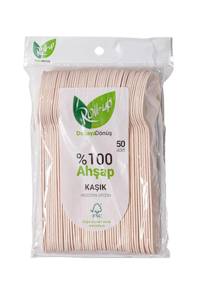 Roll-Up Doğaya Dönüş Ekolojik Doğal %100 Ahşap Kaşık - Kalınlık : 1.8 mm - 16 Cm. - 50'li Paket ürün görseli 1