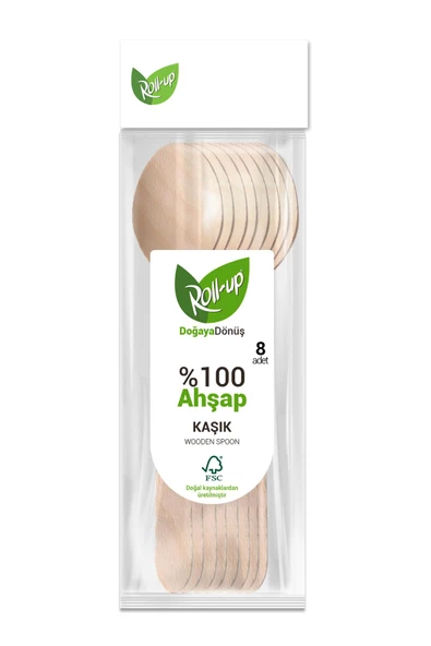 Roll-Up Doğaya Dönüş Ekolojik Doğal %100 Ahşap Kaşık - Kalınlık : 1.8 mm - 16 Cm. - 8'li Paket ürün görseli 1