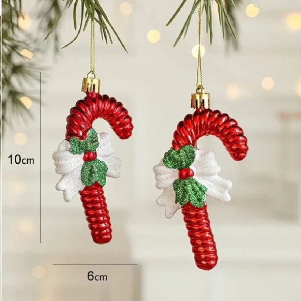 VIP DELUXE 3 ADET FİYONKLU BASTON ÇUBUK YILBAŞI AĞAÇ SÜSÜ 10 CM PARLAK SİMLİ KIRMIZI NOEL SÜSLERİ ürün görseli 1