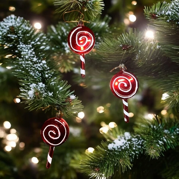 VIP DELUXE 3 ADET ŞEKER ÇUBUK YILBAŞI AĞAÇI SÜSÜ 10 CM PARLAK SİMLİ KIRMIZI NOEL YILBAŞI SÜSLERİ ürün görseli 1