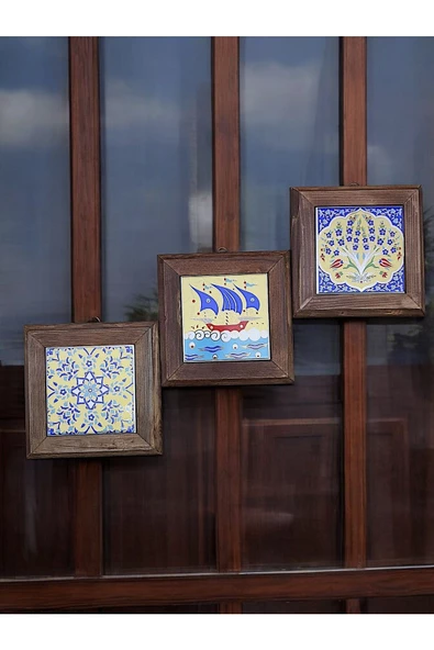 sharp&art  Ahşap Çerçeveli Çini Desenli 15-15 Cm Karo Duvar Süsü,3 Lü Ve Tekli Seçenekler Ile... ürün görseli 1