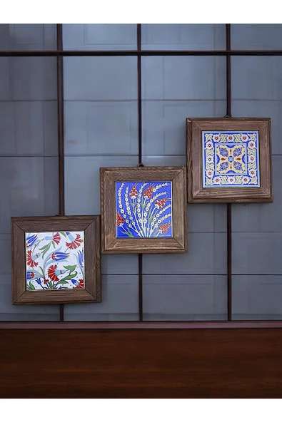 sharp&art  Ahşap Çerçeveli Çini Desenli 15-15 Cm Karo Duvar Süsü,3 Lü Ve Tekli Seçenekler Ile... ürün görseli 1