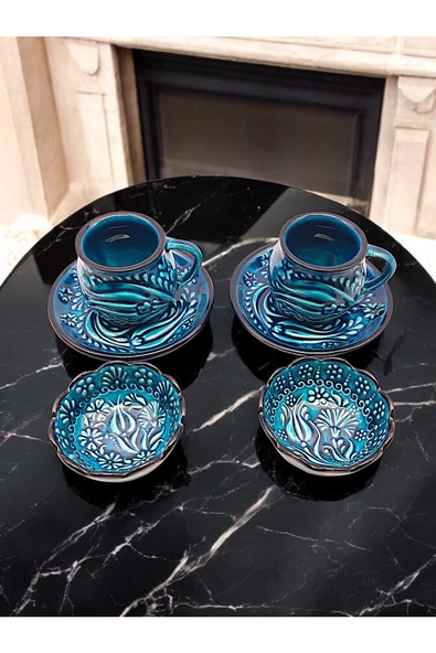 sharpart  Sharp&art 2 Kişilik Mavi Ve Yeşil, El Işlemesi Kabartma Desenli Kahve Fincanı Ve Lokum Kasesi ürün görseli 1