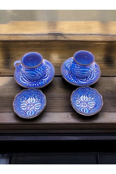 sharpart  Sharp&art 2 Kişilik Mavi Ve Yeşil, El Işlemesi Kabartma Desenli Kahve Fincanı Ve Lokum Kasesi ürün görseli 1