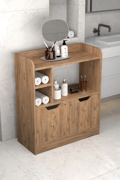 ilkal BANYO DOLABI ÇOK AMAÇLI HAVLULUK 2 KAPAKLI RAFLI ATLANTİK ÇAM ürün görseli 1