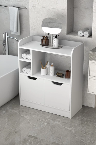 ilkal BANYO DOLABI ÇOK AMAÇLI HAVLULUK 2 KAPAKLI RAFLI BEYAZ ürün görseli 1
