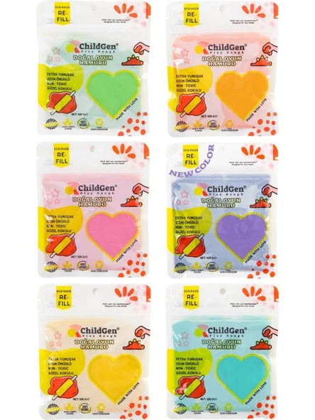 ChildGen Doğal Oyun Hamuru - 6'lı Pastel Set 6X125 gr Vakumlu Kartuş Paket - (Ecopack-Refill) ürün görseli 1
