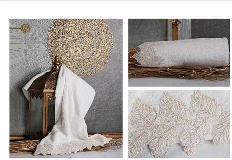 LEYDİ HOME YAPRAK DANTELLİ HAVLU KREM 50X90 CM ürün görseli 1