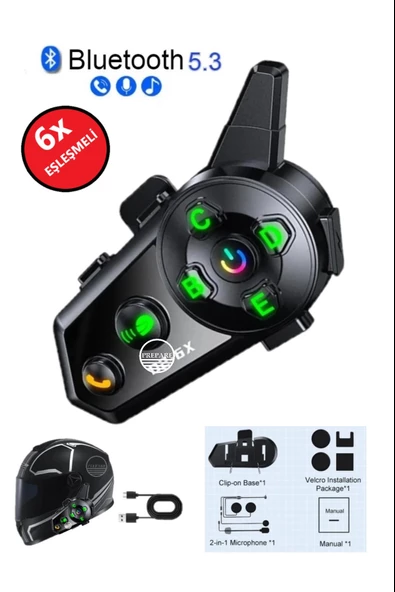 500 Mt Intercom 6 Eşleşmeli Müzik Paylaşımlı Kask Kulaklık D-2PR 6X Su Geçirmez Motosiklet Intercom ürün görseli 1
