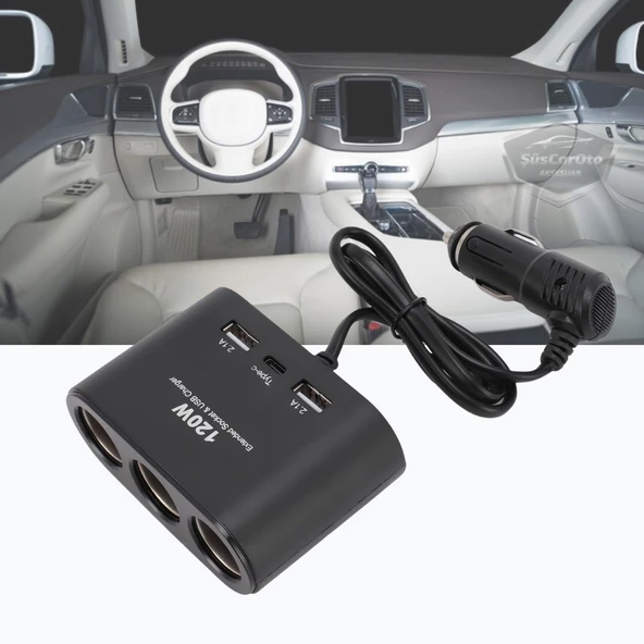 Üniversal 3 lü Çakmak Soketi 120W Çakmaklık Çoğaltıcı 2 Usb 1 Type-c Araç Şarj Cihazı Çakmaklık Şarj Çakmak Çoklayıcı 12v/24v ürün görseli 1