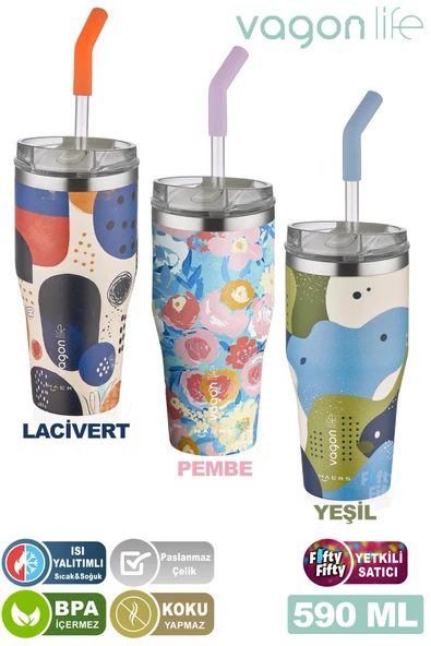 Vagonlife Tumbler Özel Desenli Cup 590 ML Vakumlu Paslanmaz Çelik Termos Pipetli/Rahat İçim -FFVGN1001-590ML ürün görseli 1