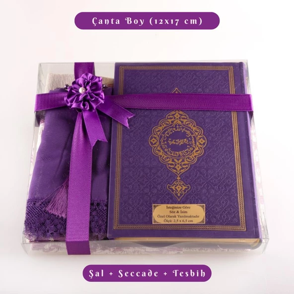 Şal + Seccade + Tesbih + Kuran Hediye Seti (Çanta Boy, Termo Deri, Mor) ürün görseli 1